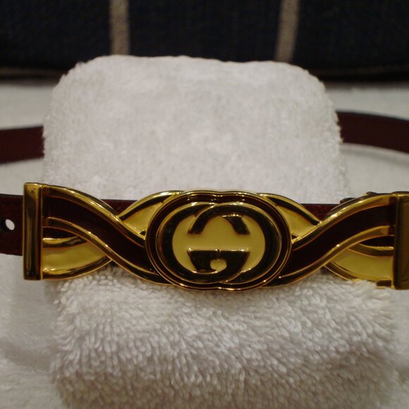 Gucci Burgundy Suede Gold Metal Interlocking G Buckle Skinny Belt (M) VERY GOOD! - Picture 1 of 13